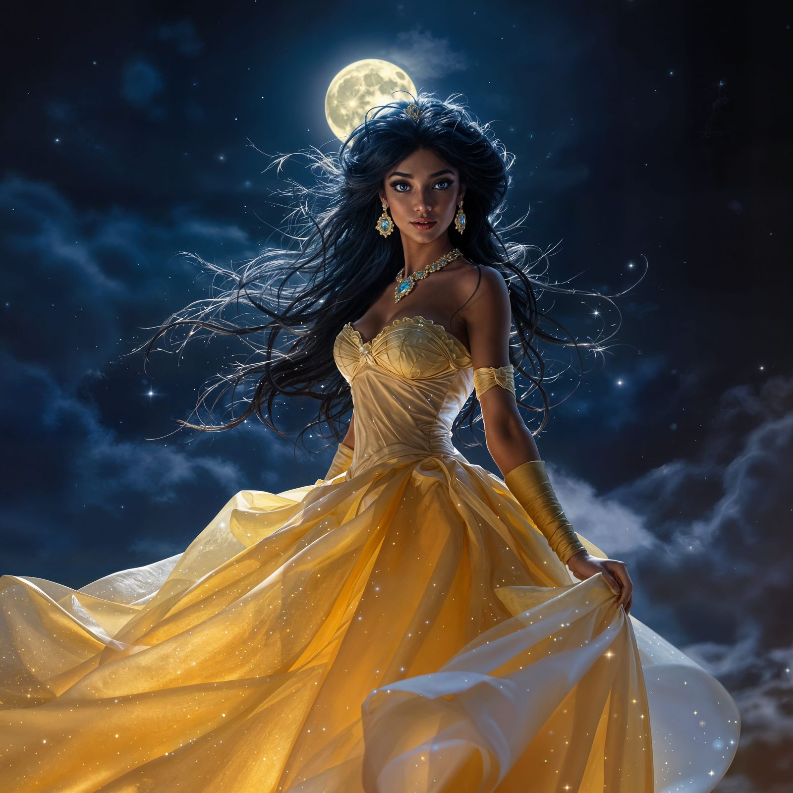 Princess Jasmine in Yellow Belle Dress on a Moonlit Night