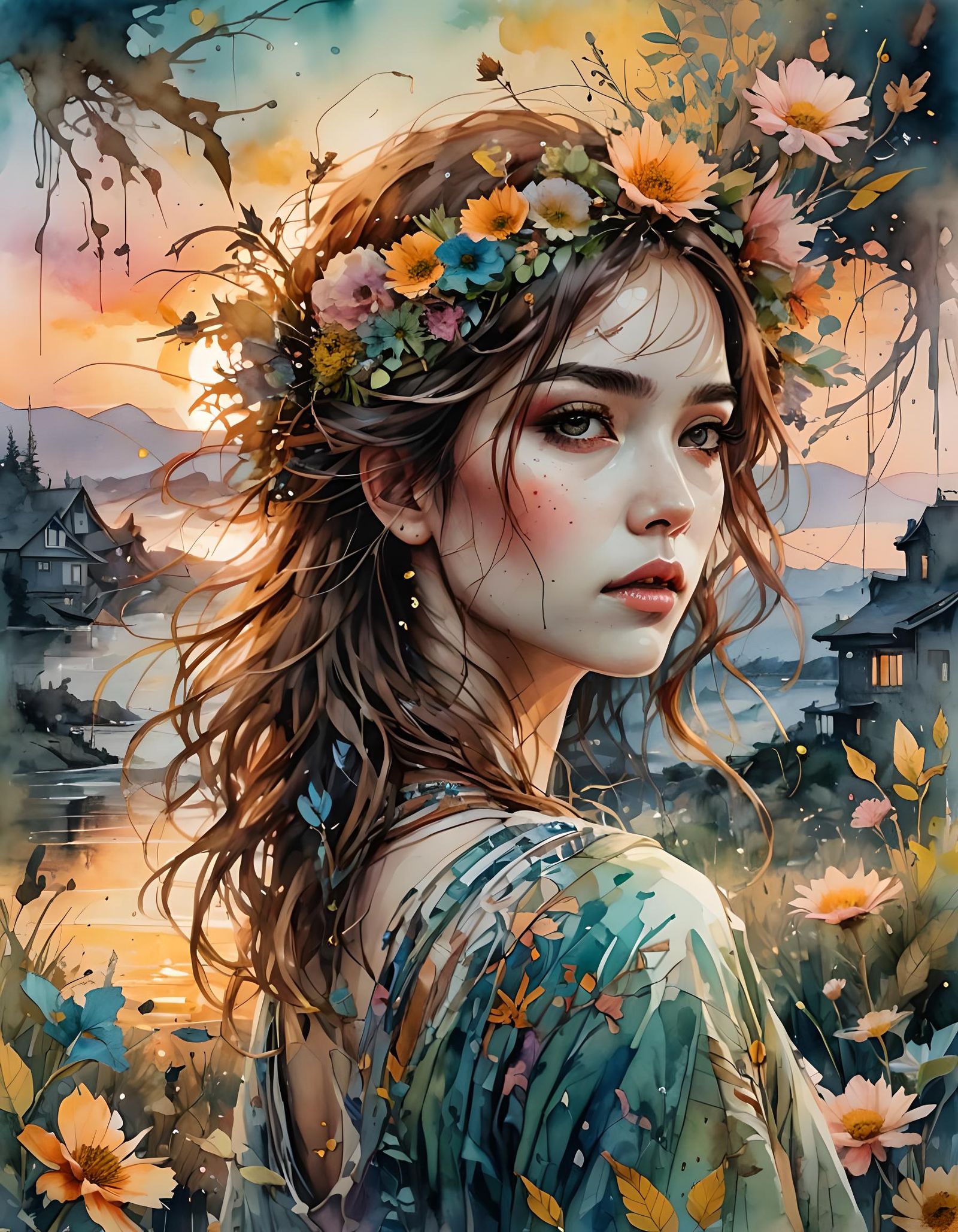 Summerscape Sunset in Digital Watercolor Style