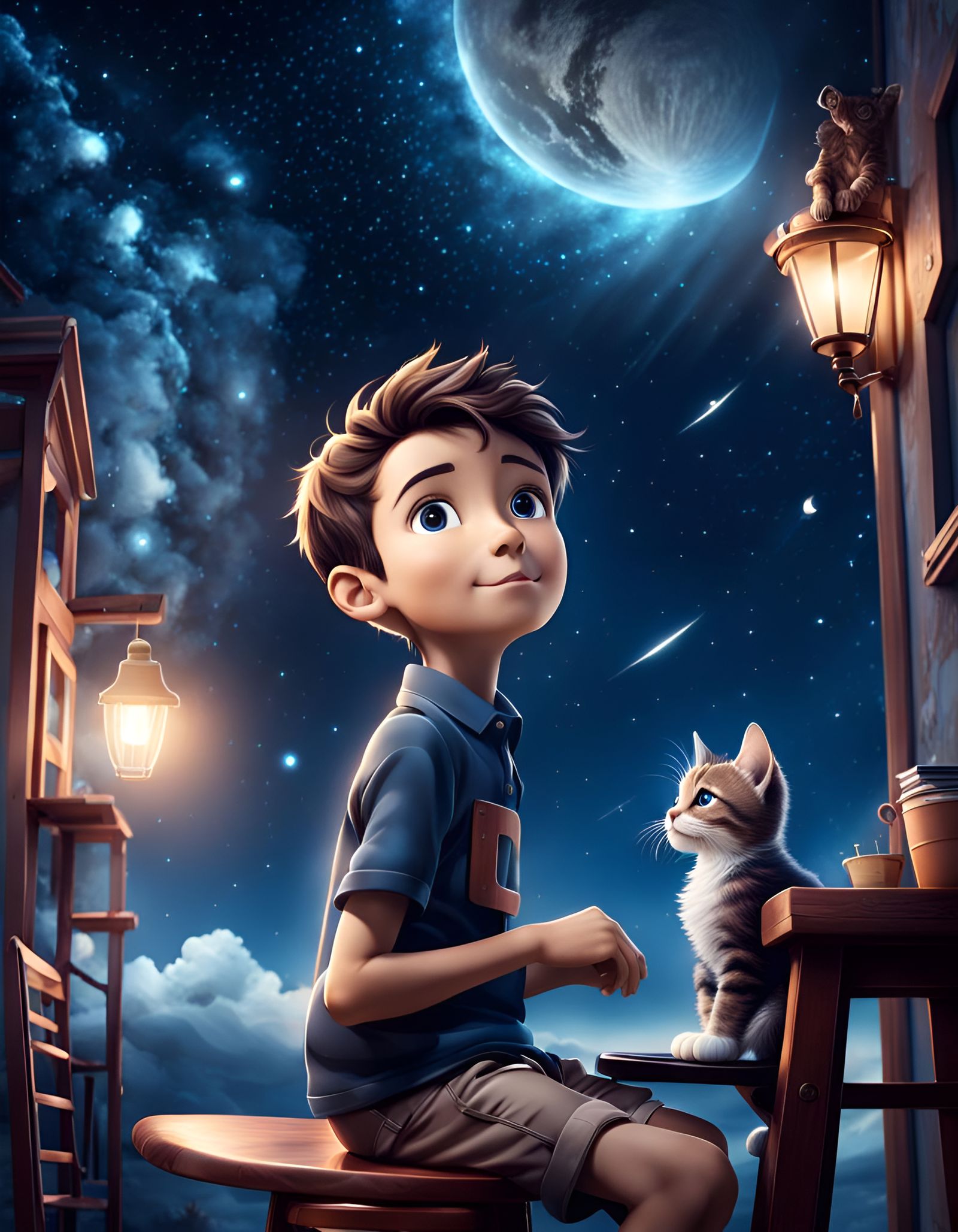 Boy Gazing at Night Sky: Digital Matte Painting