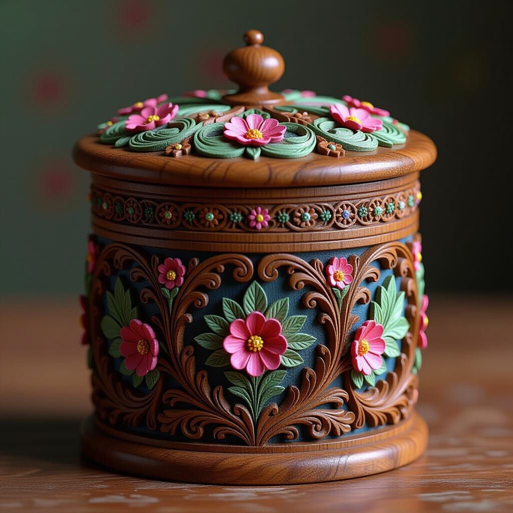 Hand-Painted Wooden Box with Chip Carvings