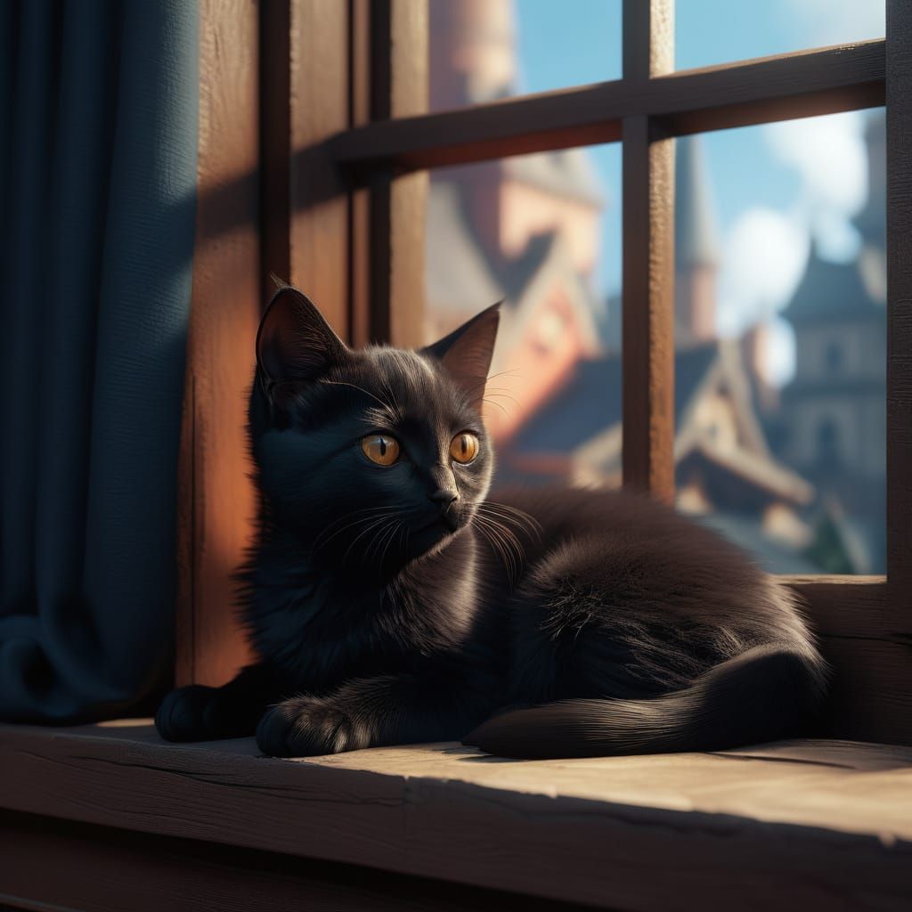 Black Kitten Curled on Windowsill in Detailed Digital Painti...