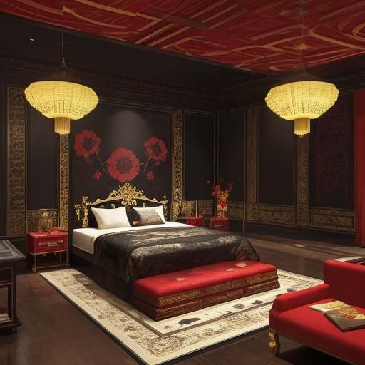 Luxurious Asian Bedroom with Embracing Men: 3D Digital Art