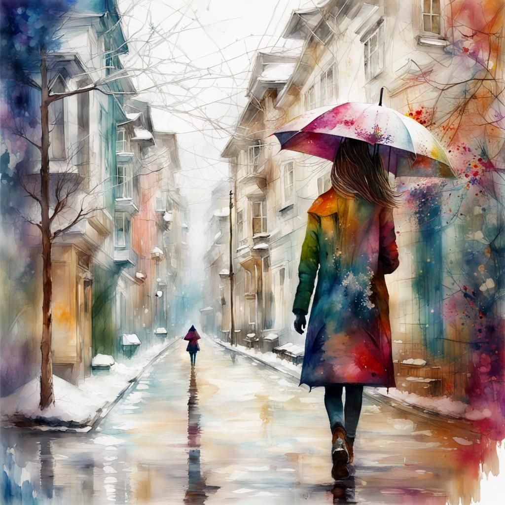 Girl's Snowy Walk: Spring Umbrella in Watercolor Art