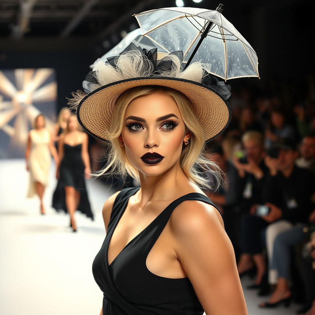 Blonde Model with Umbrella Hat on Runway
