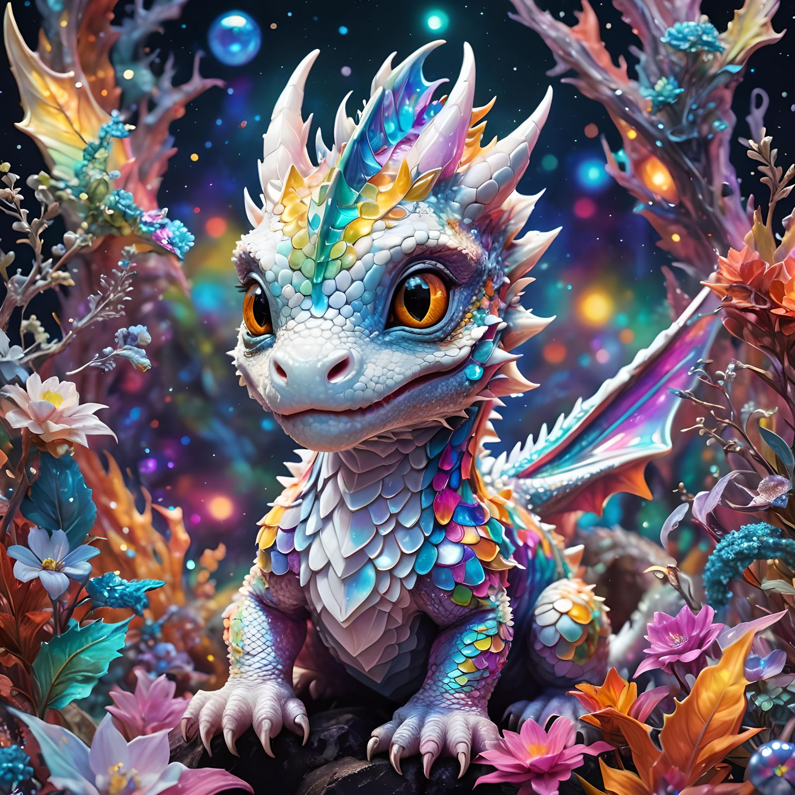 Cute Baby Dragon in Holographic Cosmic Style