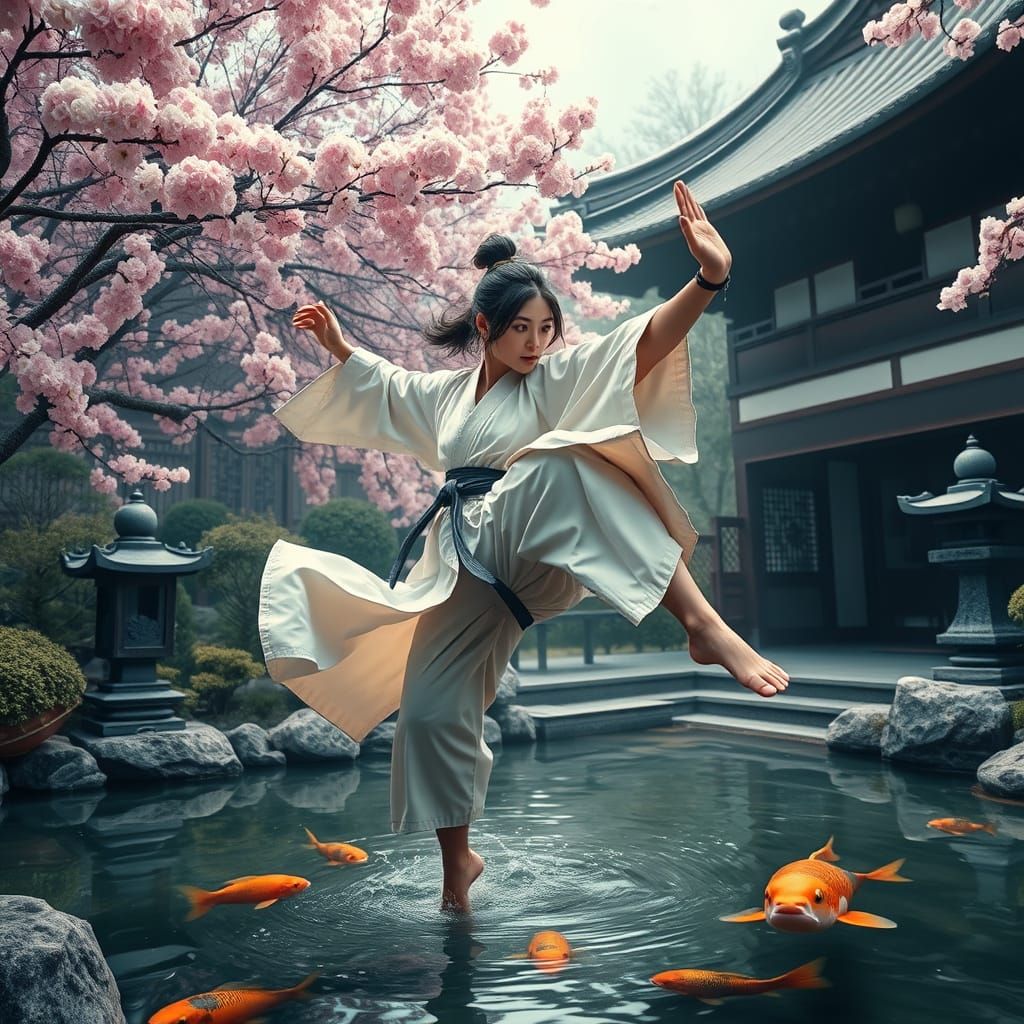 Martial Artist's Flying Kick in Japanese Garden