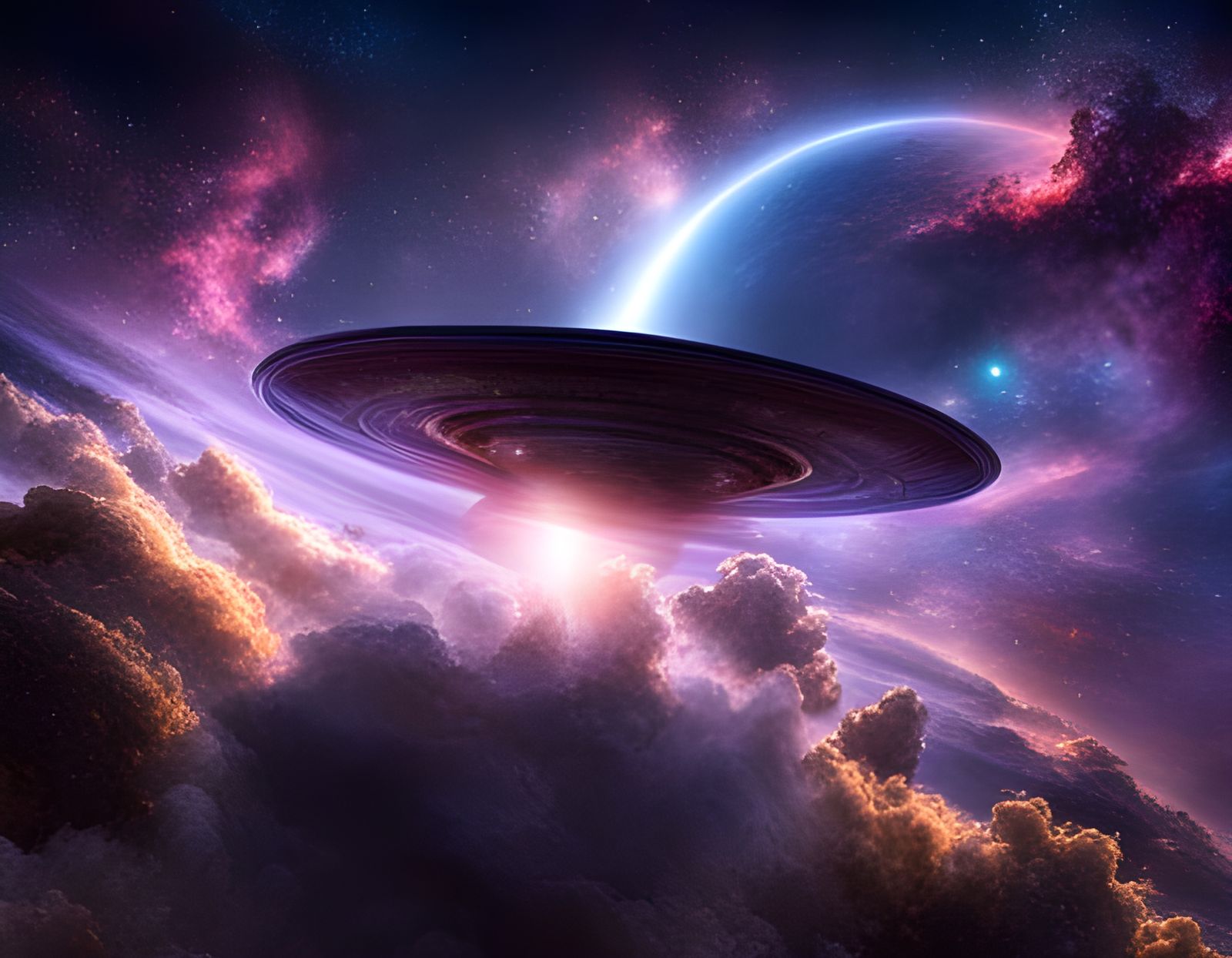 UFO Flying Through Space Nebula in Hyperrealistic Style