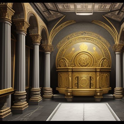A Byzantine-looking bauhaus elaborate German-like sepulcher inside a tomb.