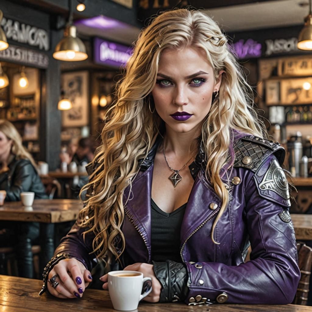 Valkyrie Biker in Cafe, Digital Art