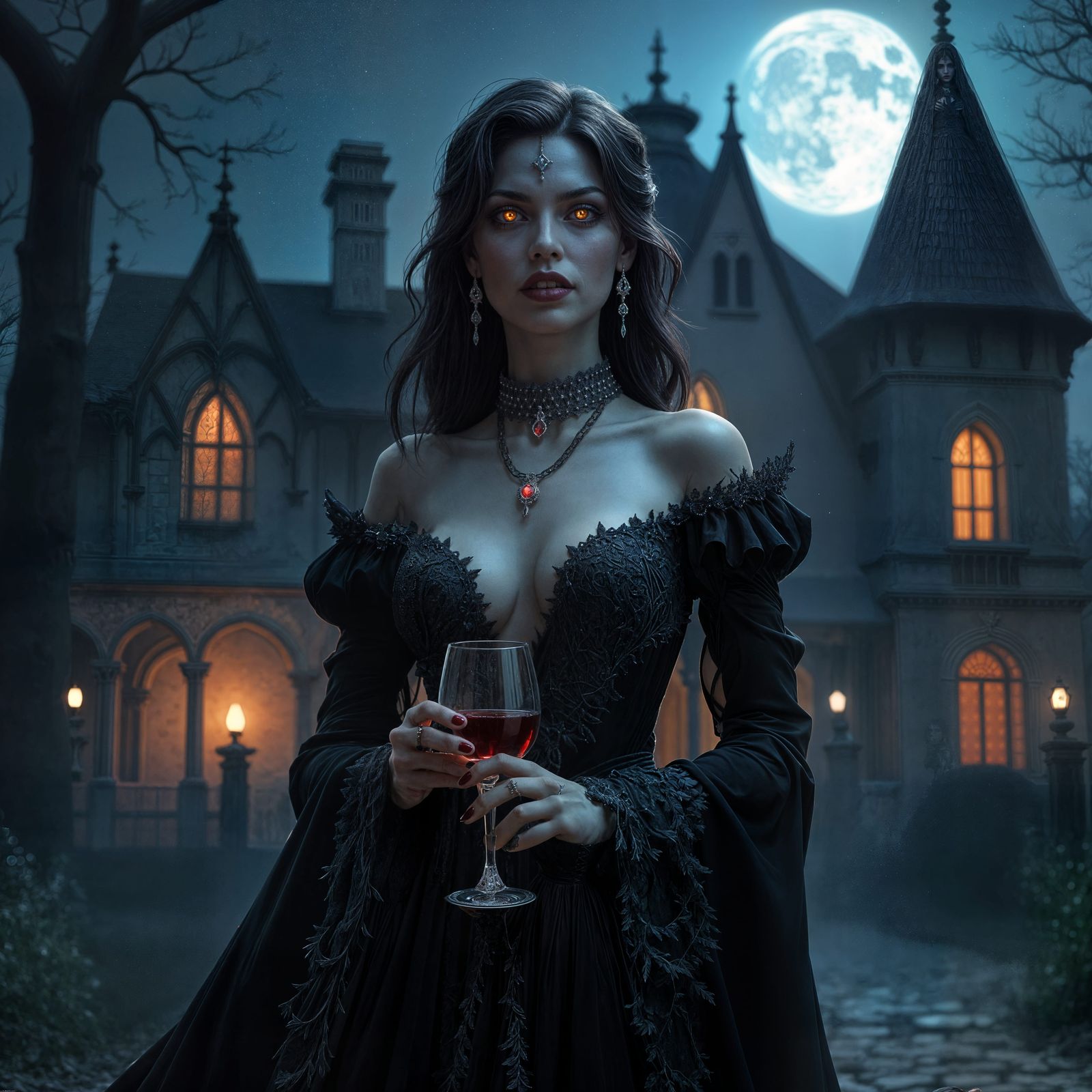 Elegant Vampire in Gothic Attire, Detailed Matte Painting