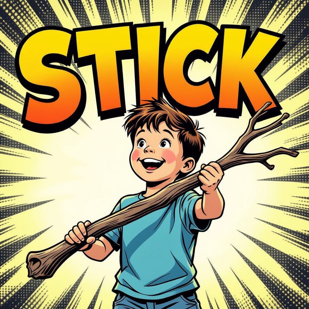 Ecstatic Boy Finds Perfect Gnarled Stick in Comic Art Style