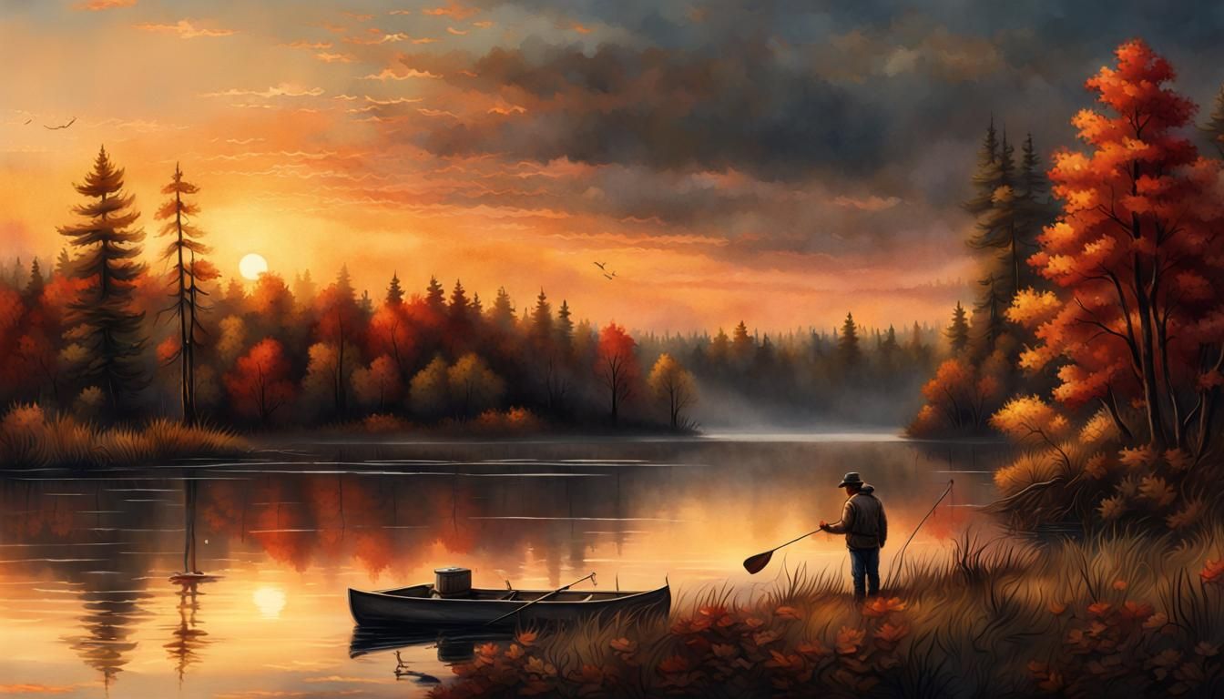 Angler at Northwoods Lake Sunrise: Terry Redlin Style