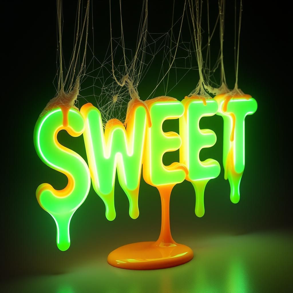 Text "SWEET" bubble letters, glowing green, dripping on the ...