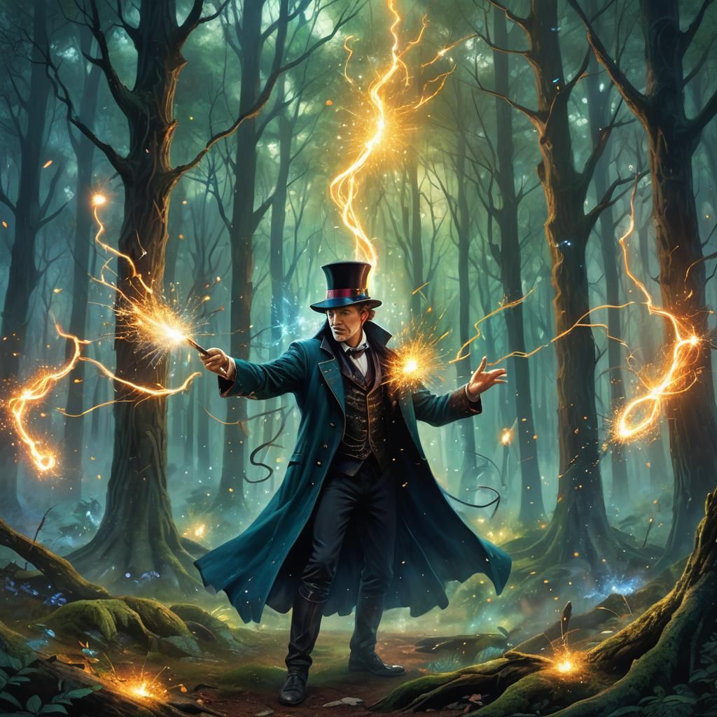 Magician Conjures Light in Mystical Forest