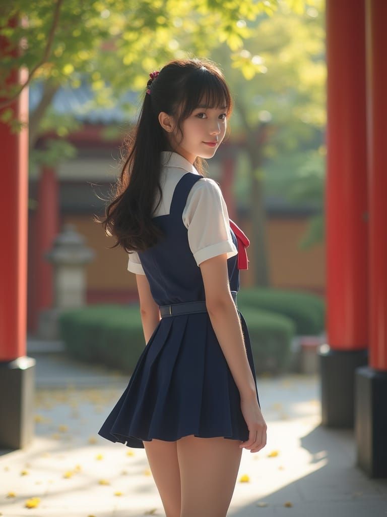 Kaori in Shrine Courtyard with Autumn Leaves