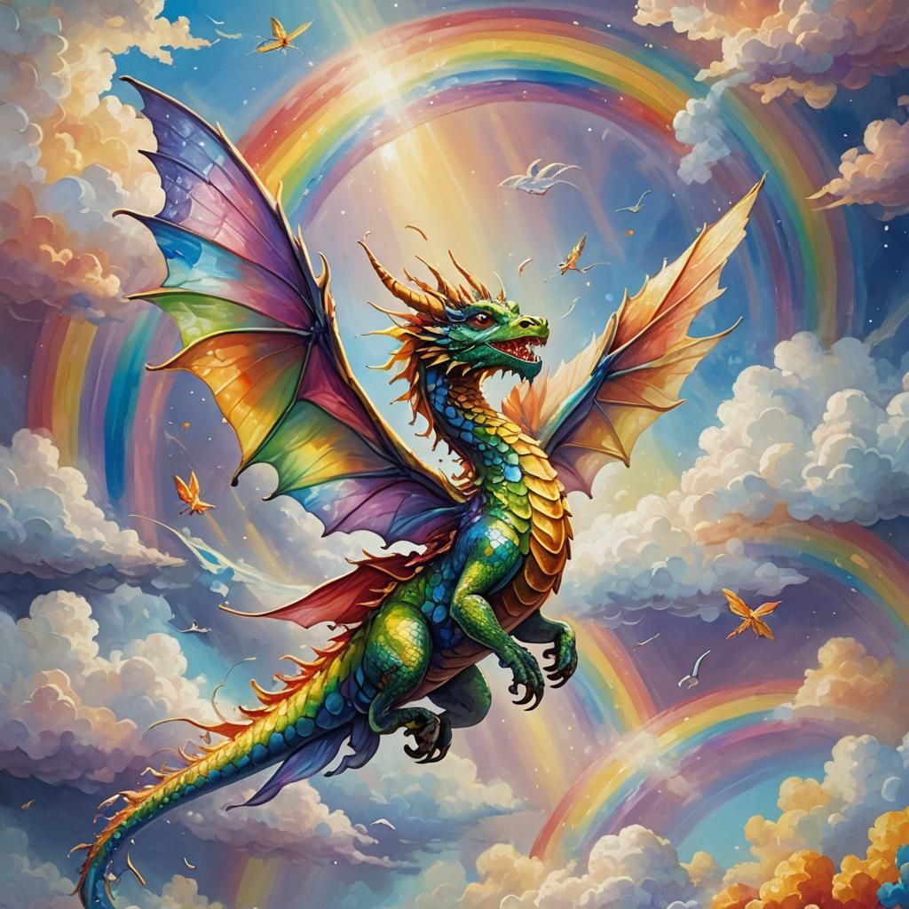 Fairy Dragon Soaring Through Rainbow: Oil Painting