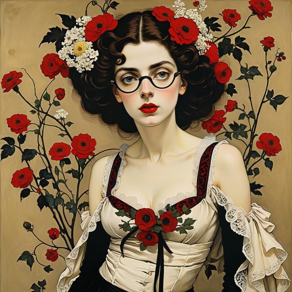 Baroque Woman with Flowers in Gorey-Schiele Style