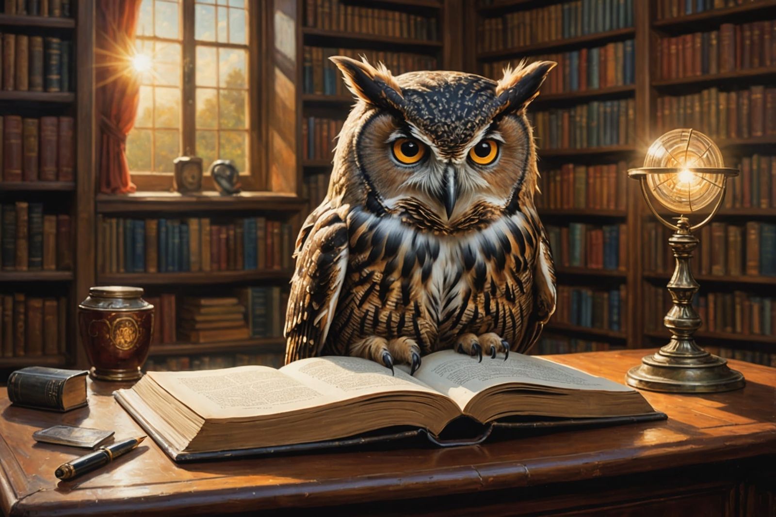 Wise Owl Reading Book: Oil Painting
