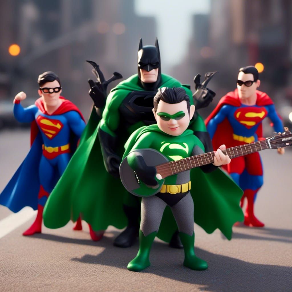 Green Lantern, Superman, Batman as Bluegrass Band