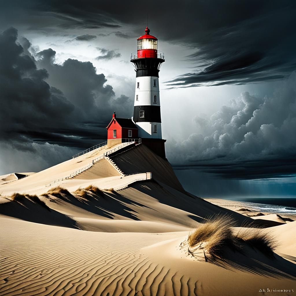 Lighthouse on Dune in Stormy Graphic Novel Style