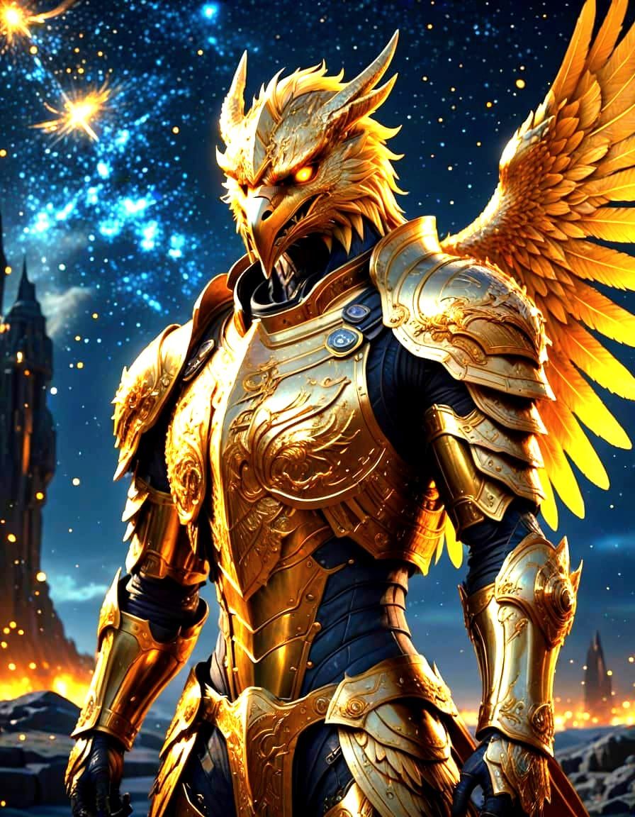 Fantasy Griffon in Armor, Illuminated by Cosmic Light