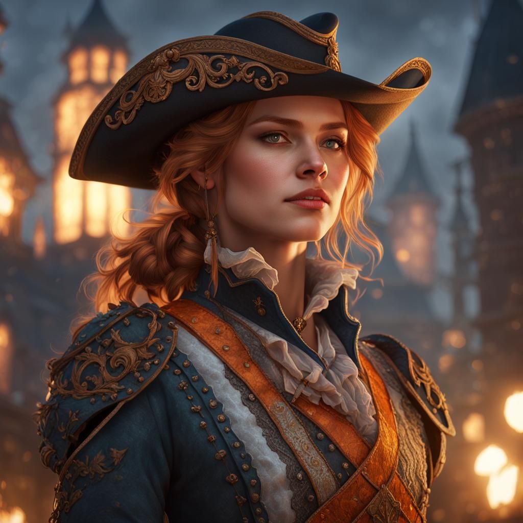 Beautiful Female Musketeer Portrait on Battlefield