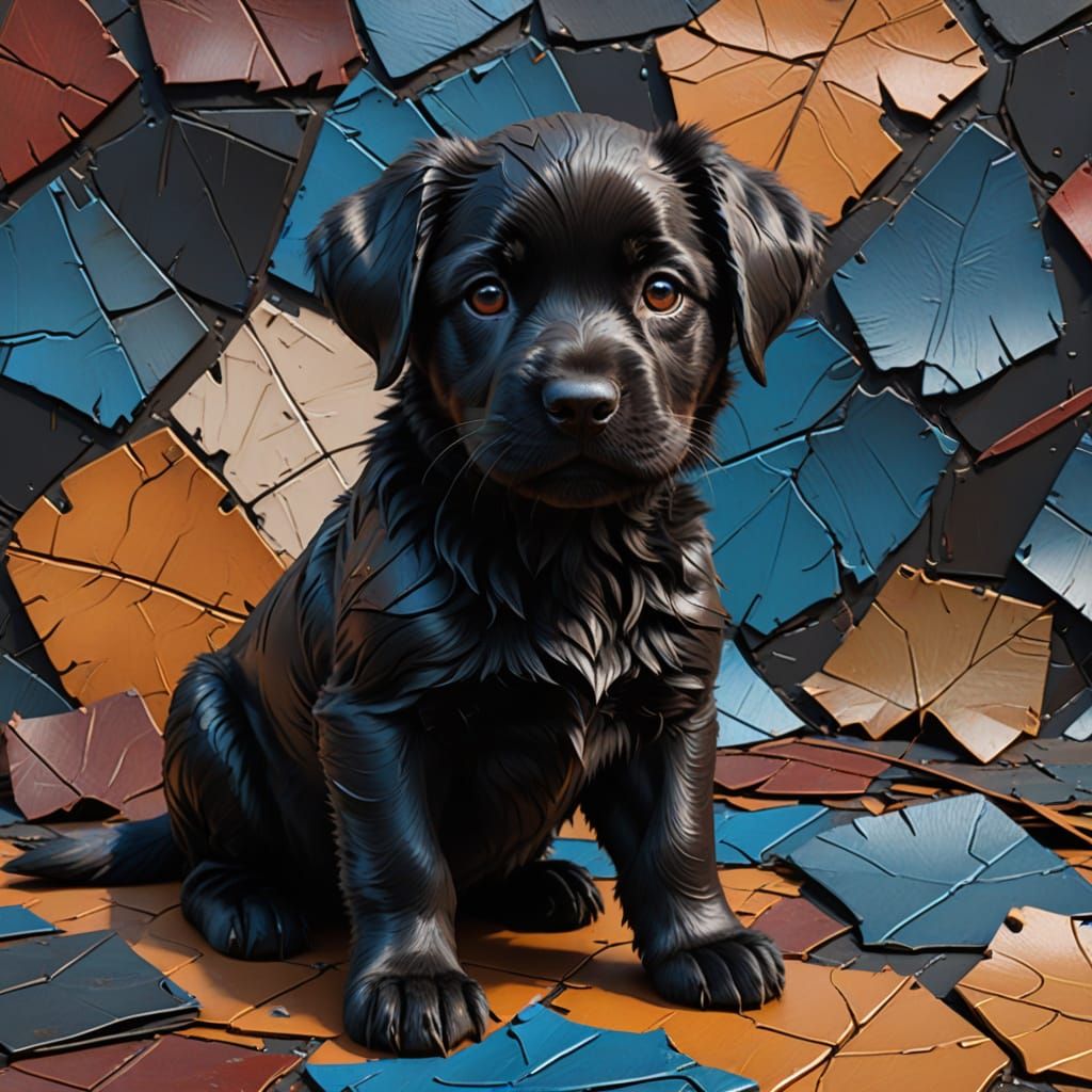 Impasto Oil Painting of a Black Puppy in Vibrant, Earthy Ton...