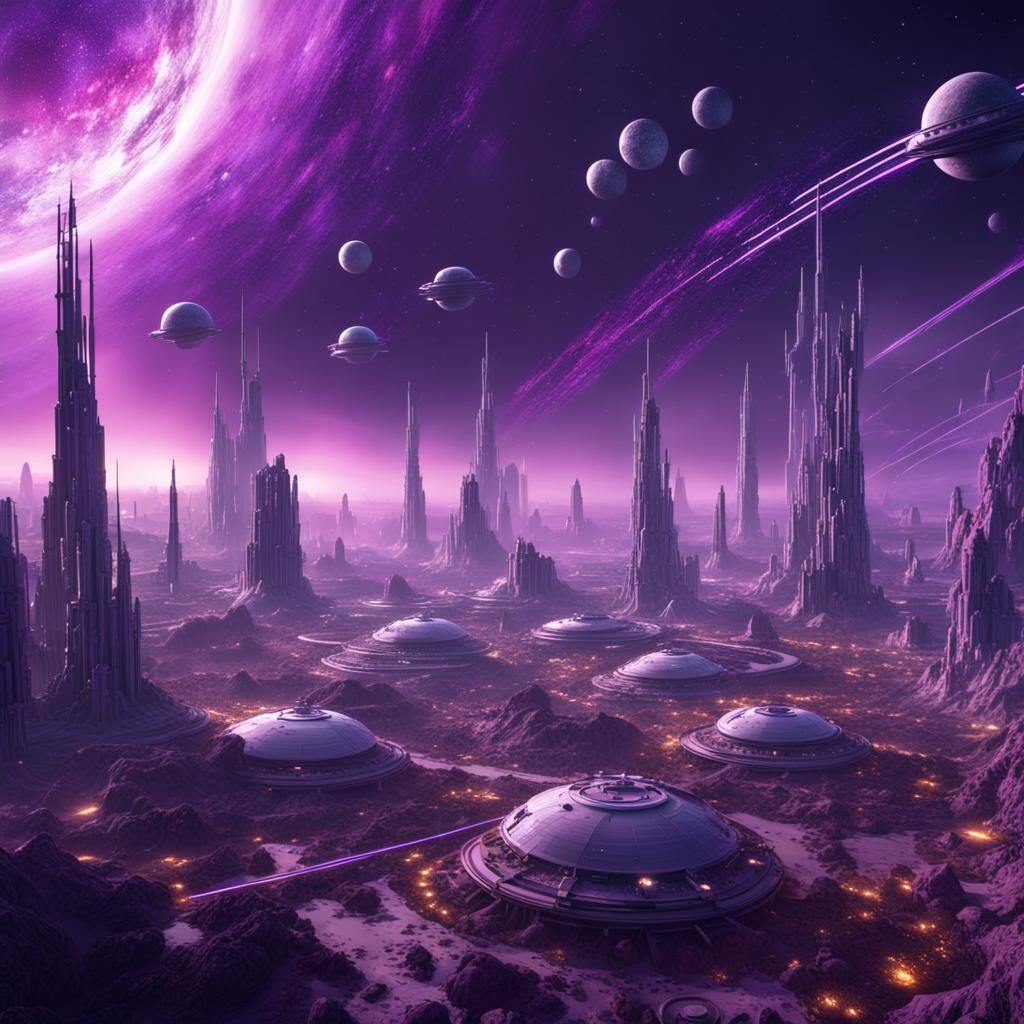 Space Colony in Purple Galaxy: Detailed Matte Painting