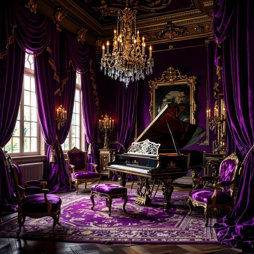 Opulent Baroque Music Room in Rich Purple Hues