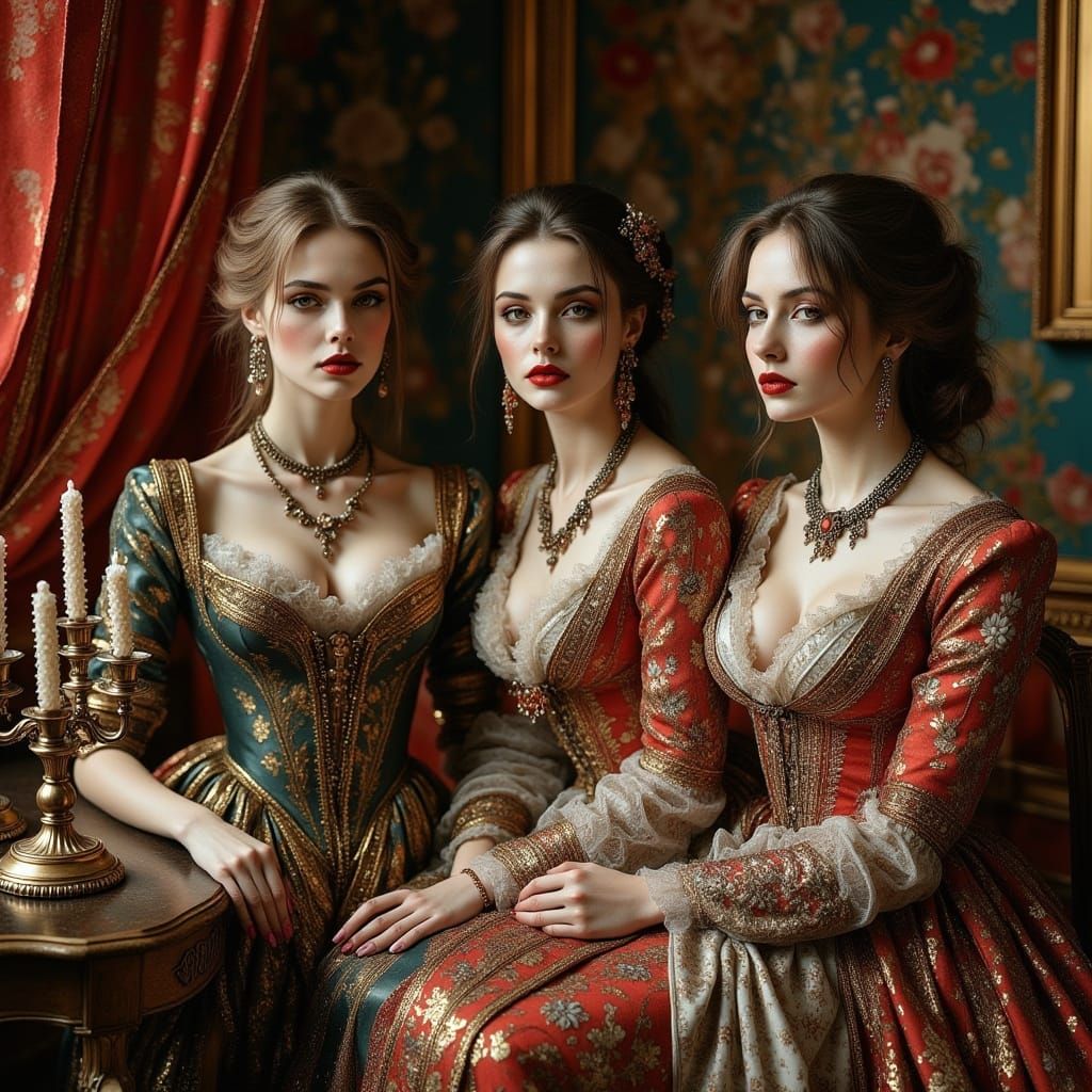 Elegant Women in 18th-Century French Attire, Inspired by Roc...