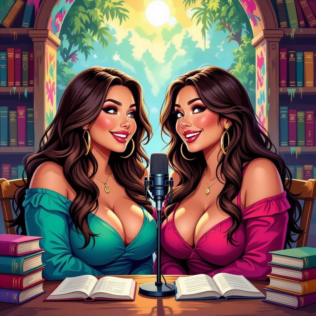 Sassy Women Recording Podcast in Vibrant Fantasy World