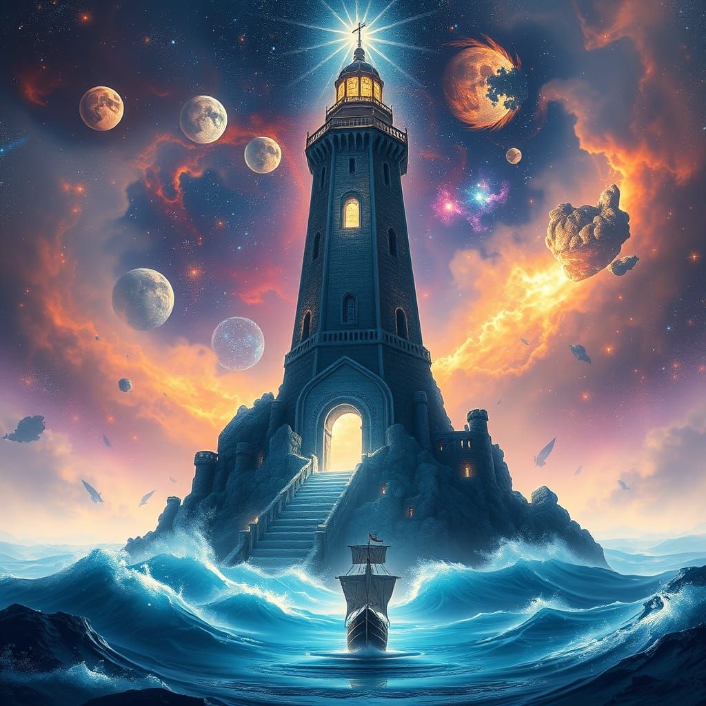Celestial Lighthouse Guiding Phantom Ship Through Stardust S...