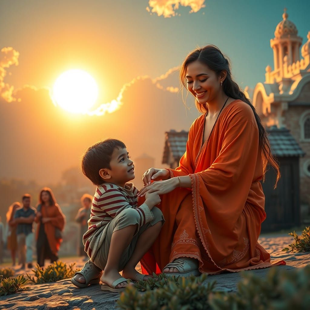 Kind-Hearted Woman Helps Child in Need, Surrounded by Welcom...