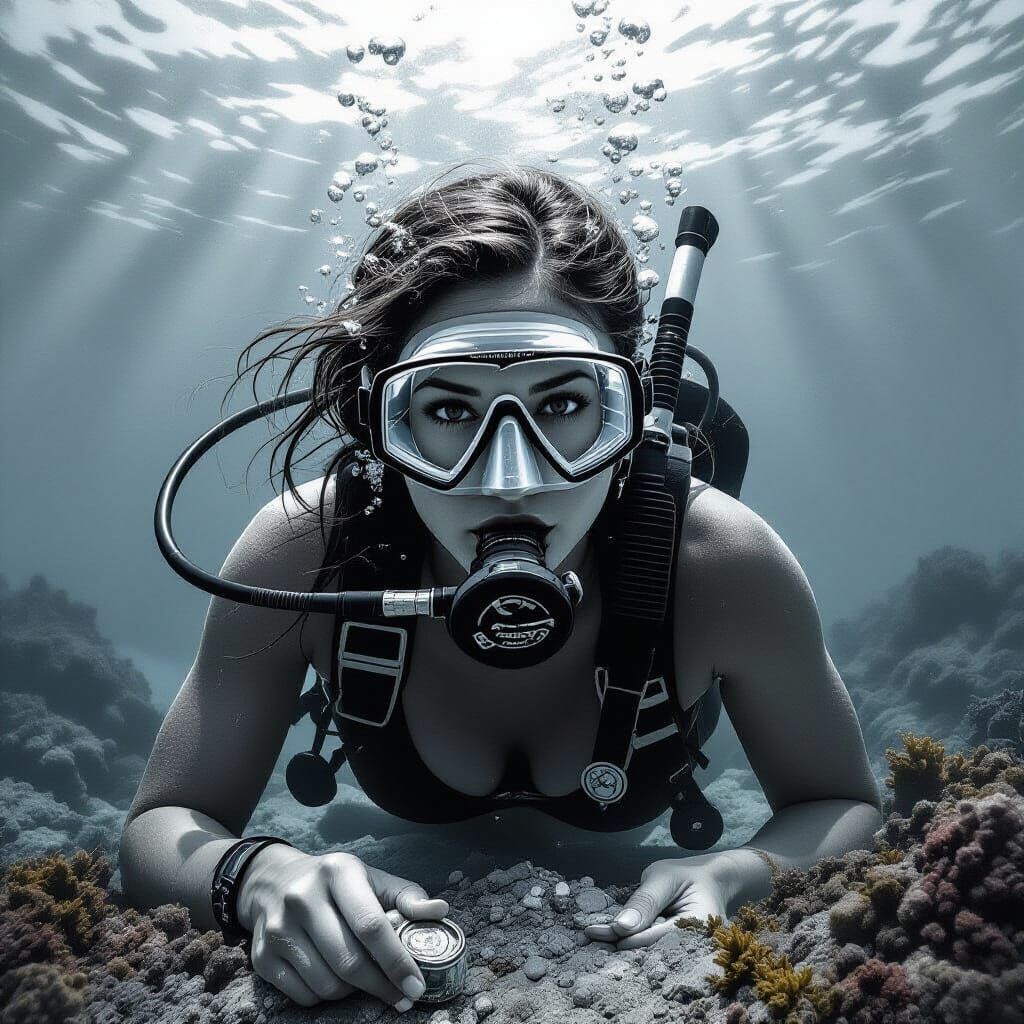 Black Female Diver Searches Ocean Floor for Treasure