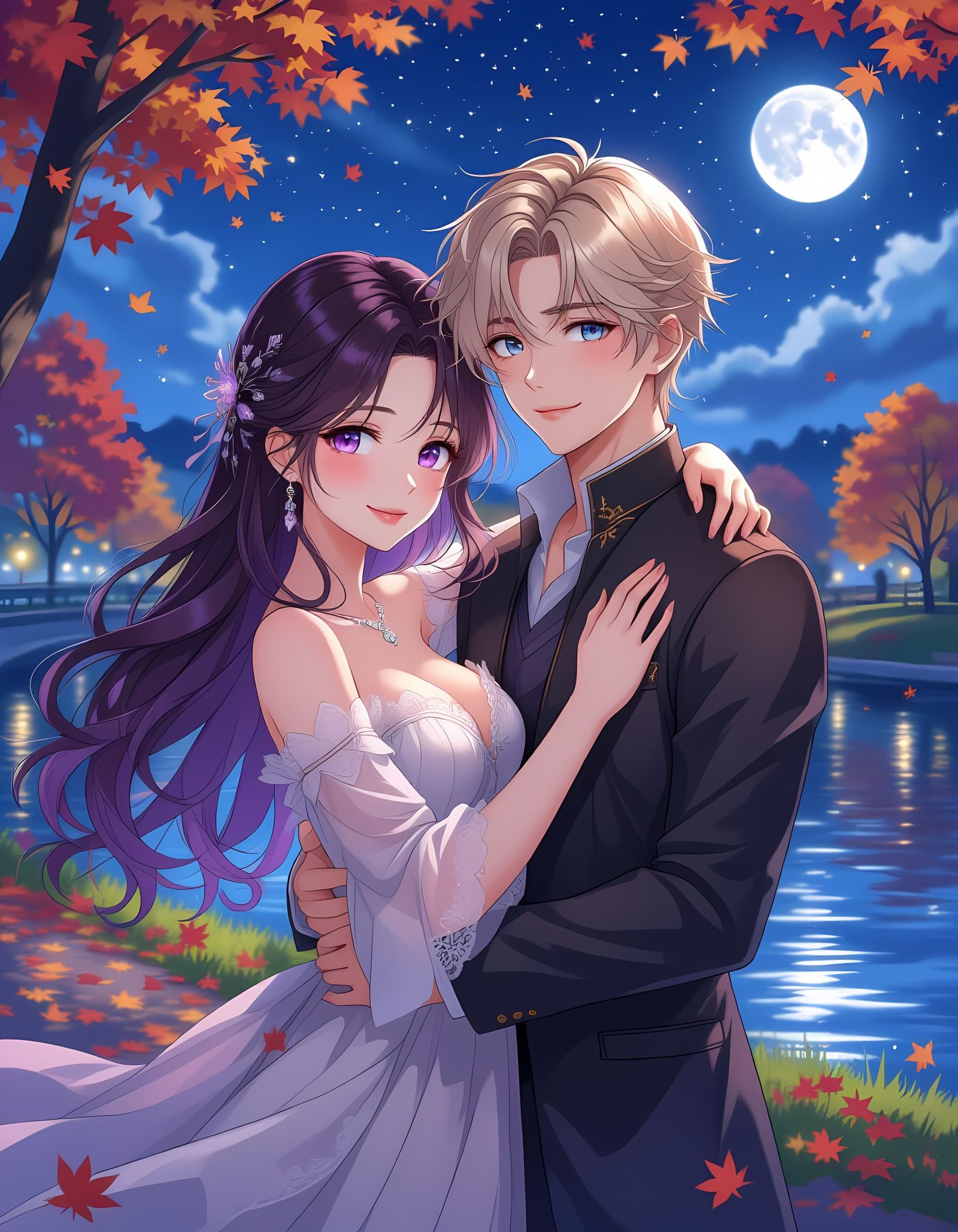 Romantic Anime Couple in Autumn Park at Night