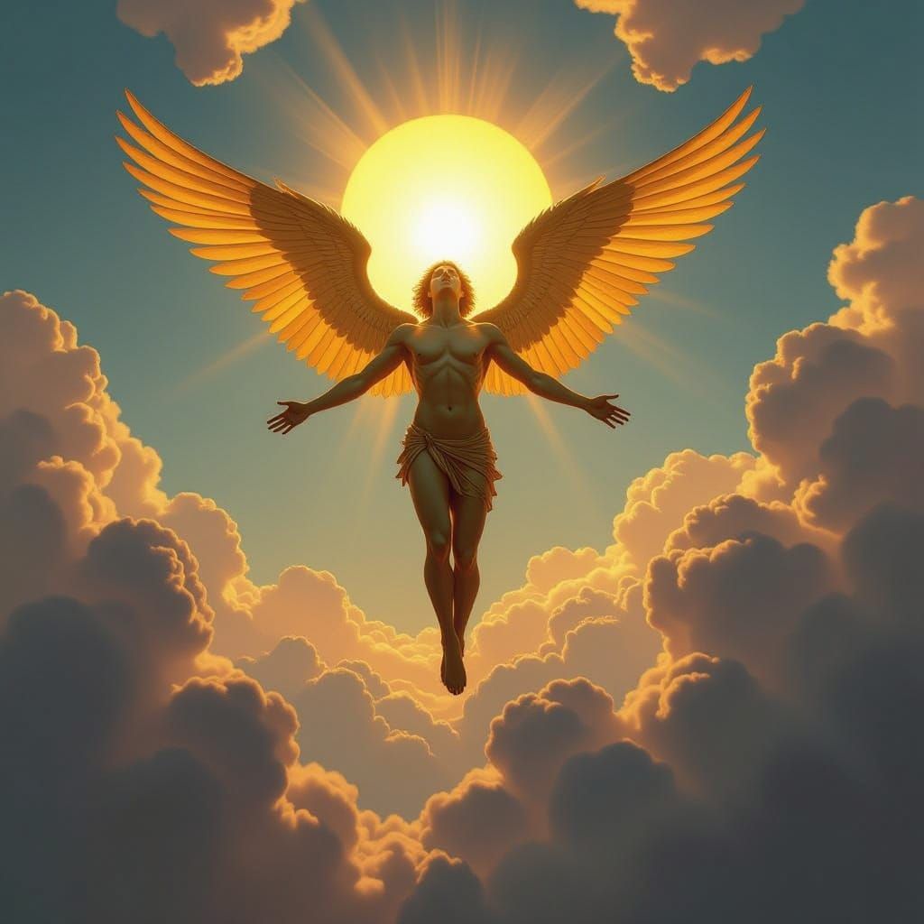 Golden Icarus Soars Through Vibrant Surreal Sky