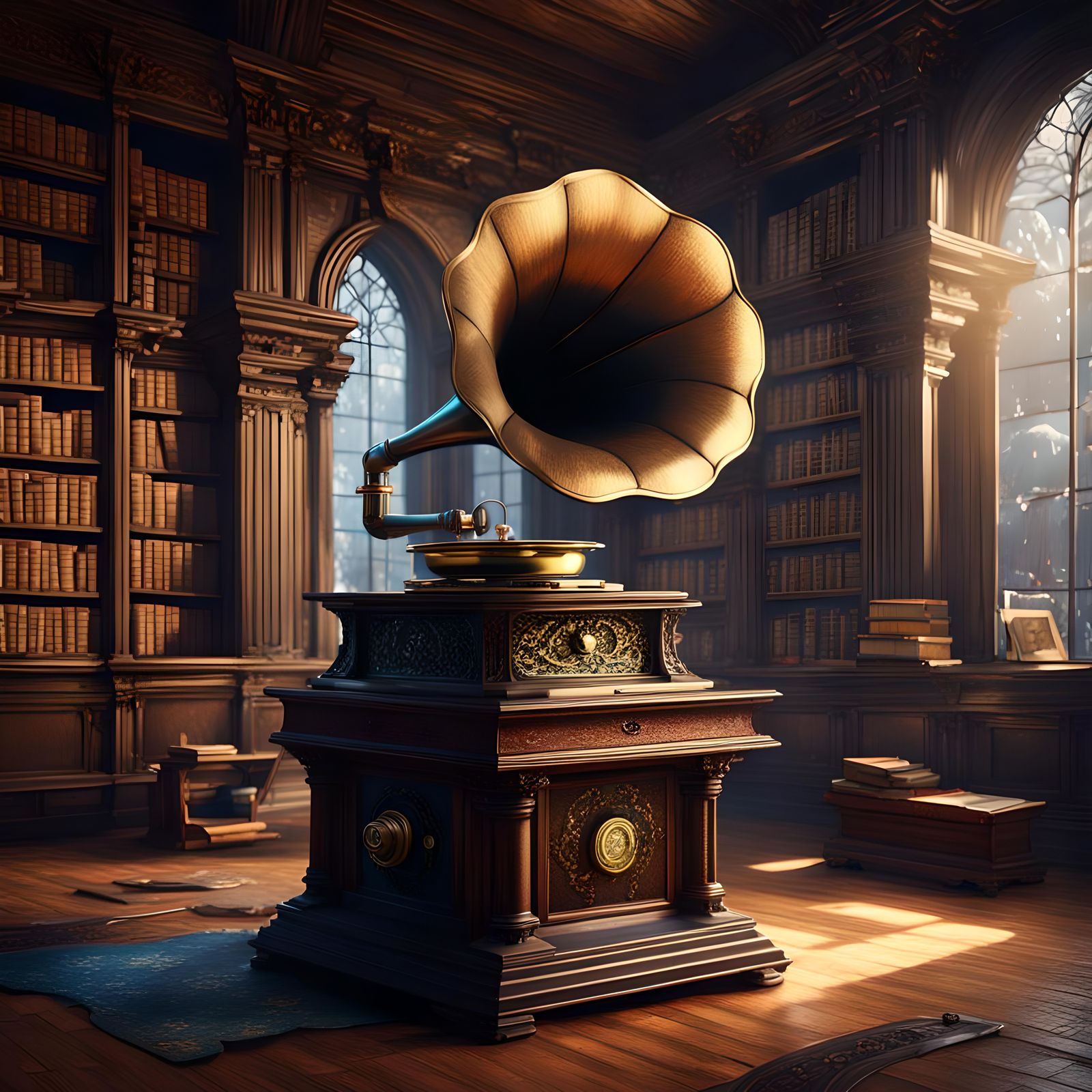 Gramophone in Old Library: Detailed Matte Painting