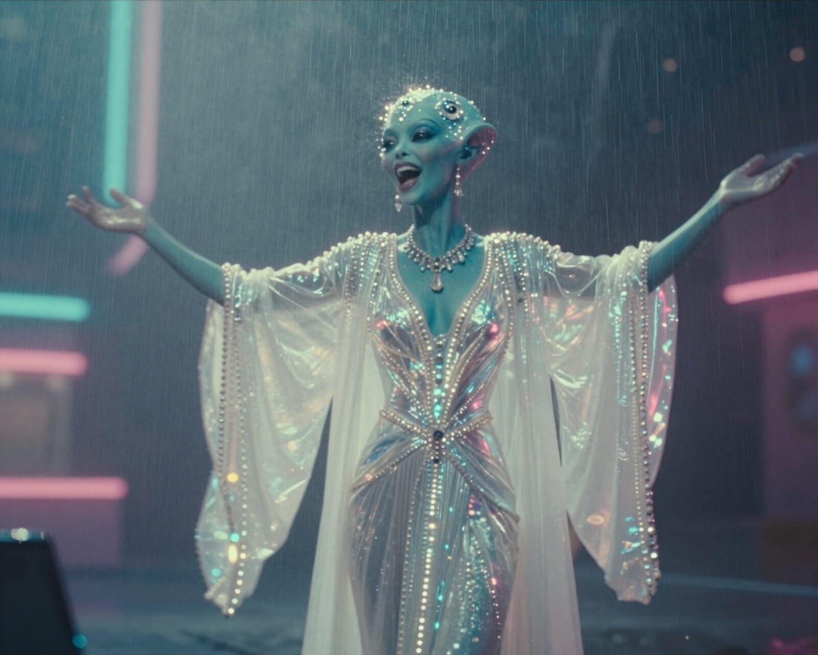Alien Starlet Sings in Rainy Astropunk City