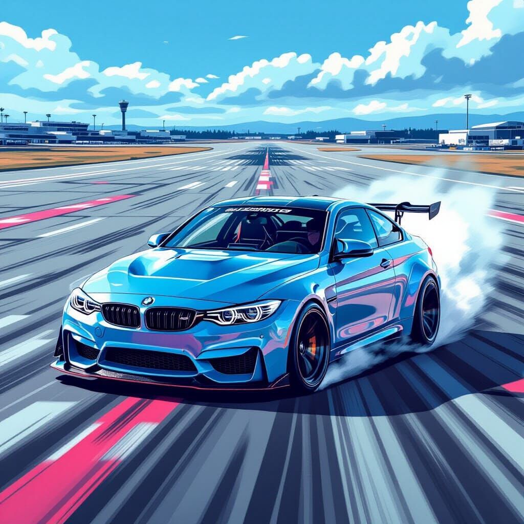 BMW M3 Drifting at Airport in Cyberpunk Style