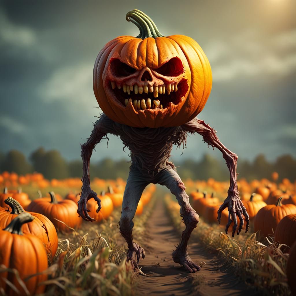 Zombie Pumpkin Walks Through Field: Hyperrealistic Concept A...