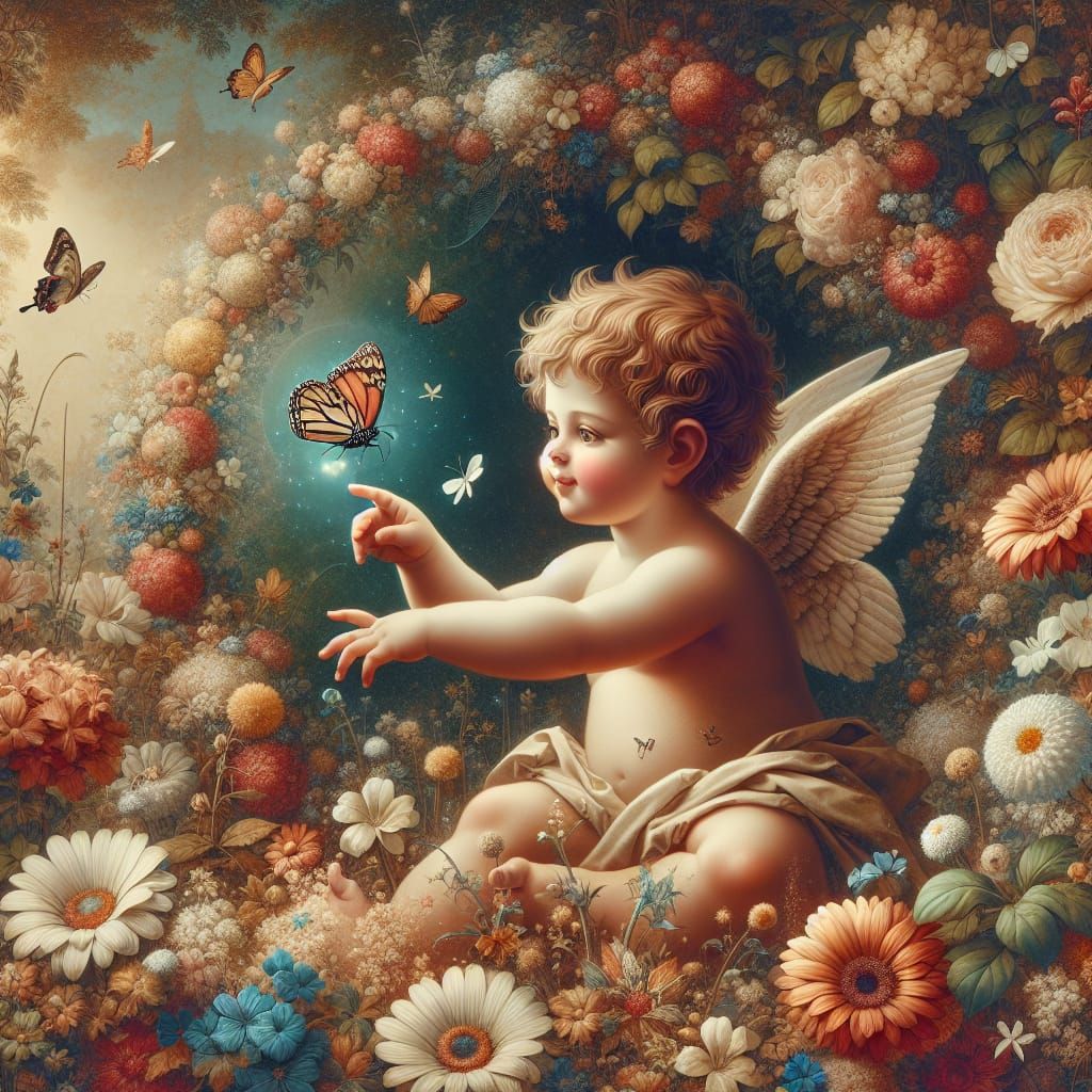 Cupid and Butterfly in Flower Meadow, Renaissance Style
