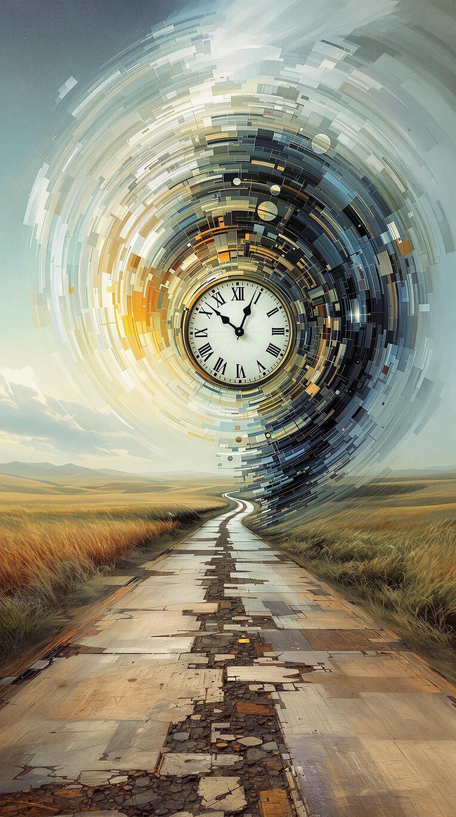 Surreal Clock on Old Road in Photorealistic Style