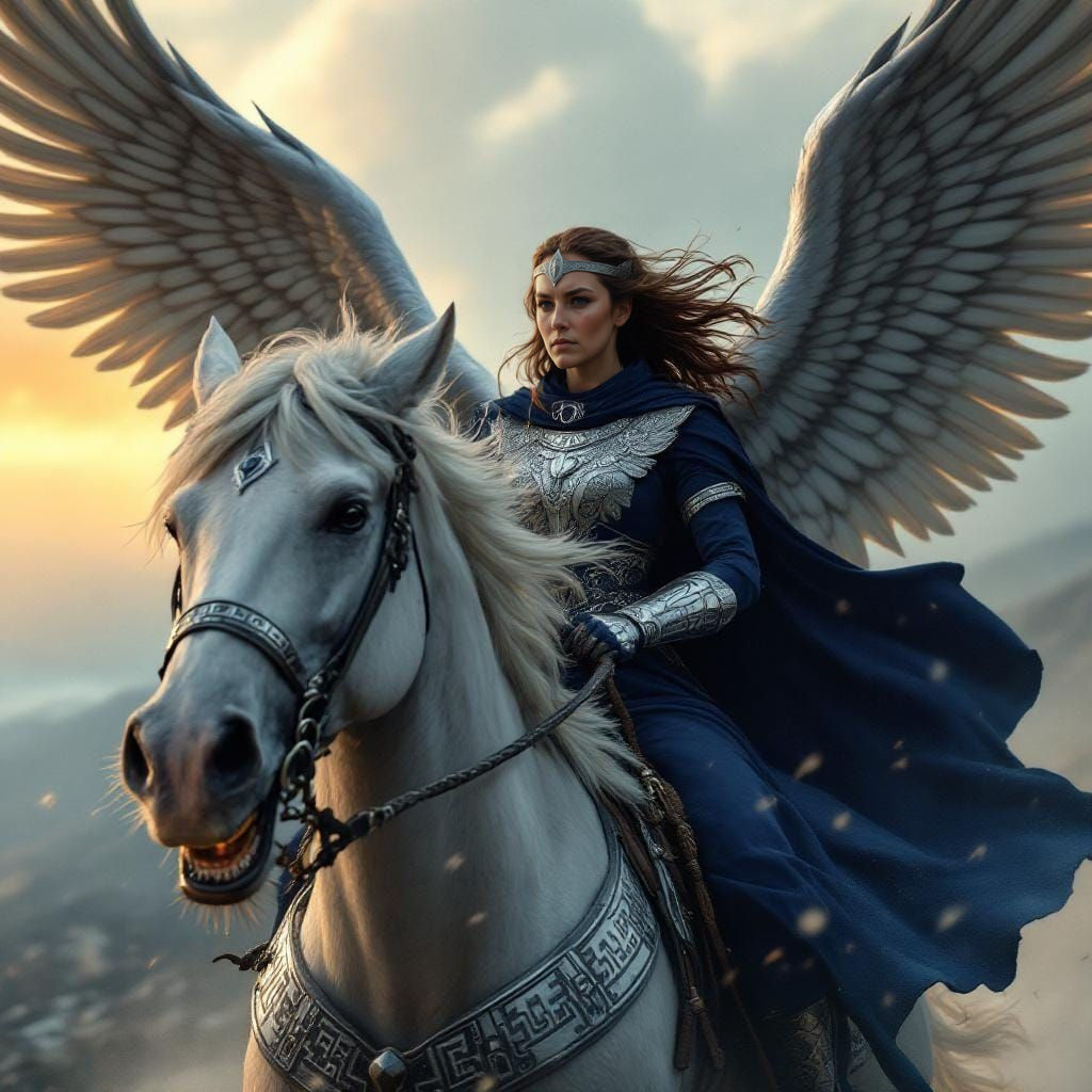 Viking Battle Goddess Hervor Alvitr on Winged Horse