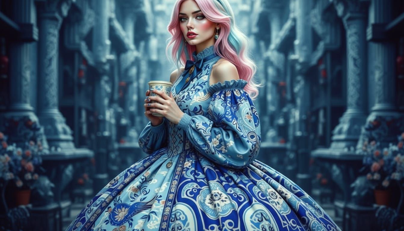 Blond Pin-Up Woman in Detailed Dress, Delft Pottery Style