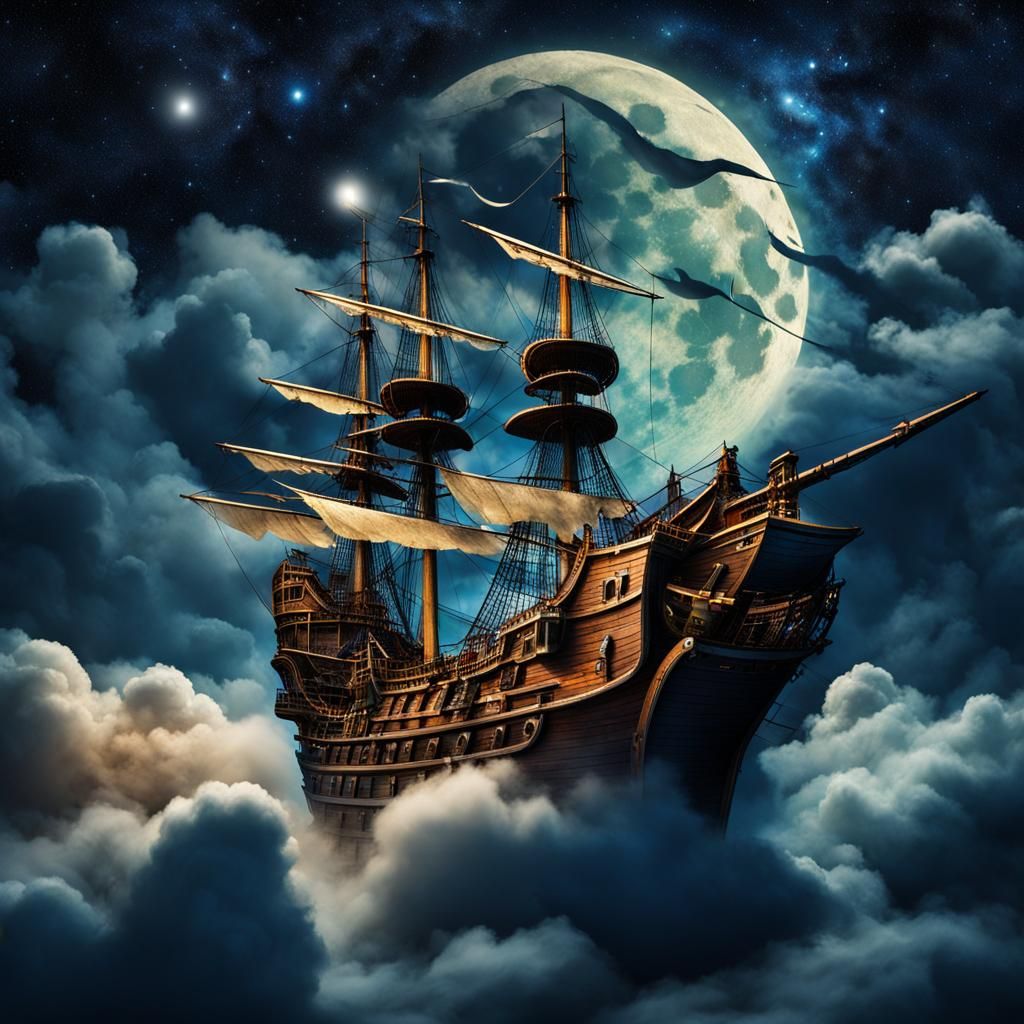 Pirate Ship Soaring Through Starry Night Sky