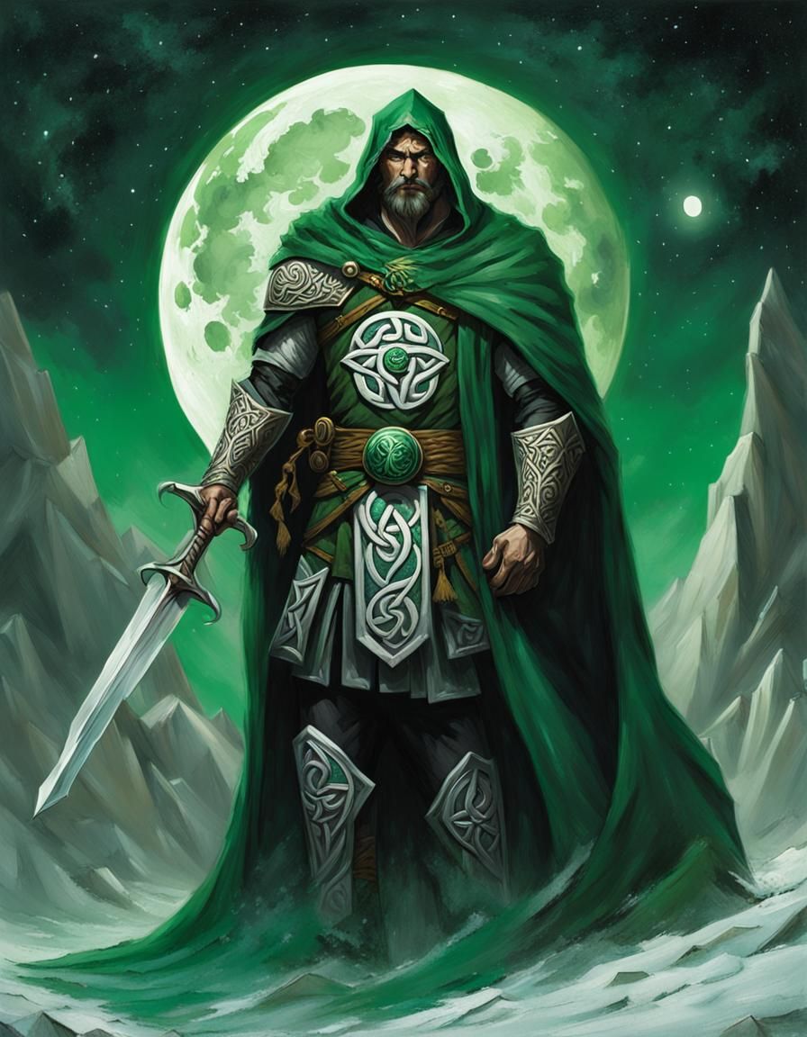 Celtic Warrior with Emerald Cloak and Moon