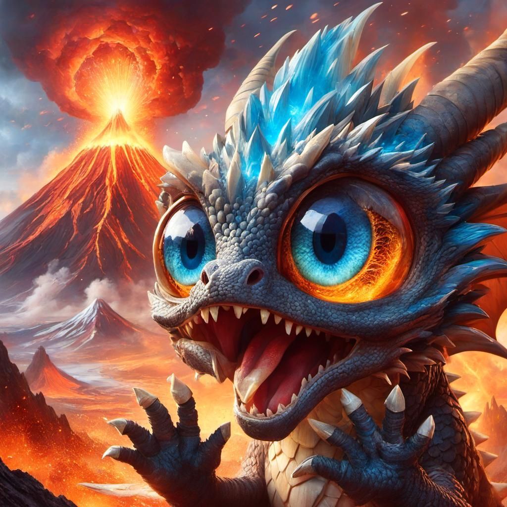 Anime Dragon with Volcano Reflection