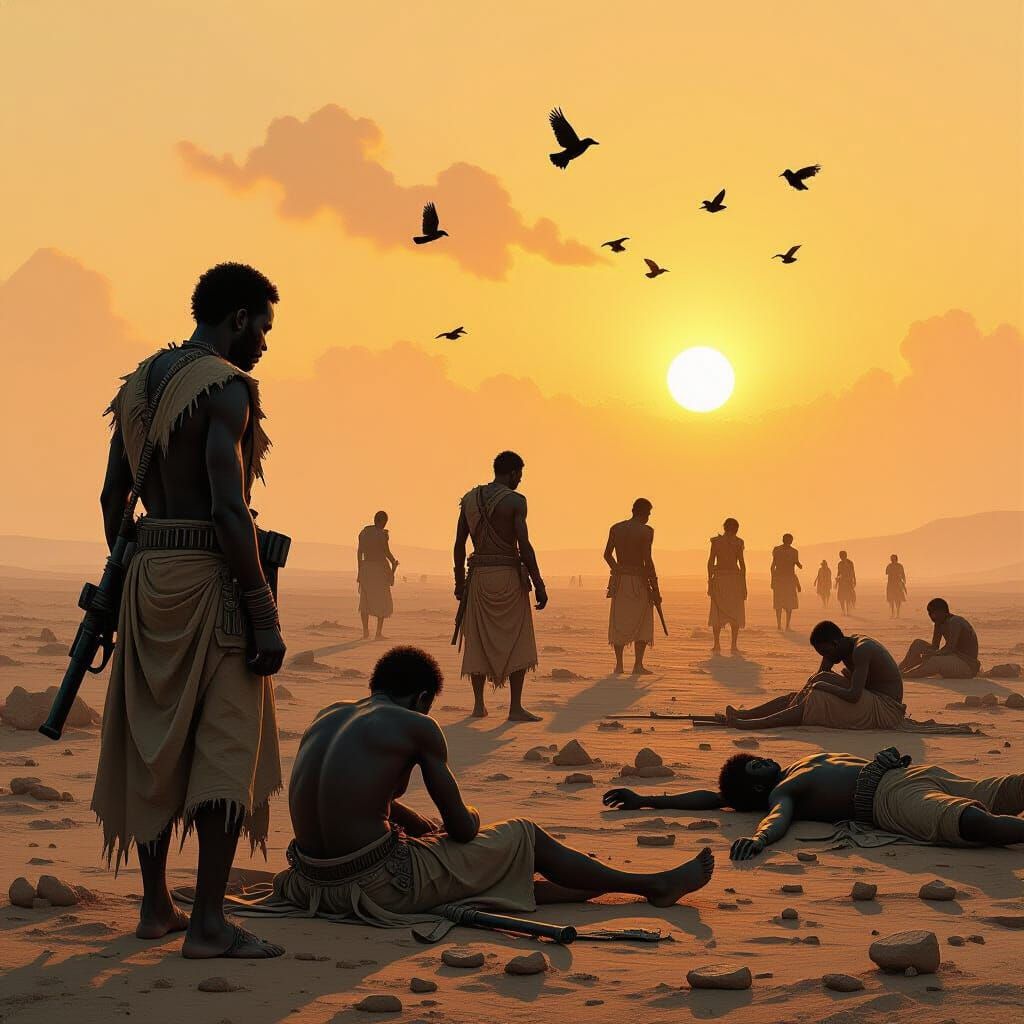 African Battlefield at Dawn in Gritty Somber Style