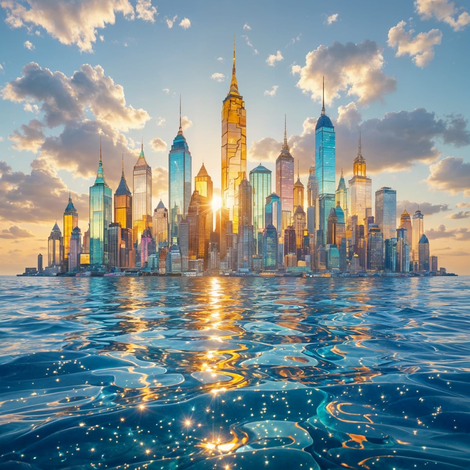 Fantastical Sea Glass City Skyline at Ocean Horizon
