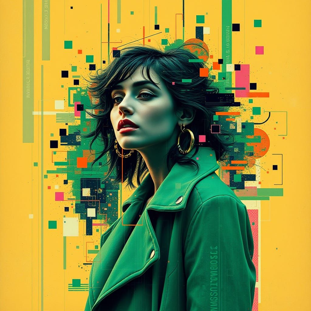 A digital glitch collage of a woman in a green emerald coat fragments distorted images, pixel shifts, data-laden texture...